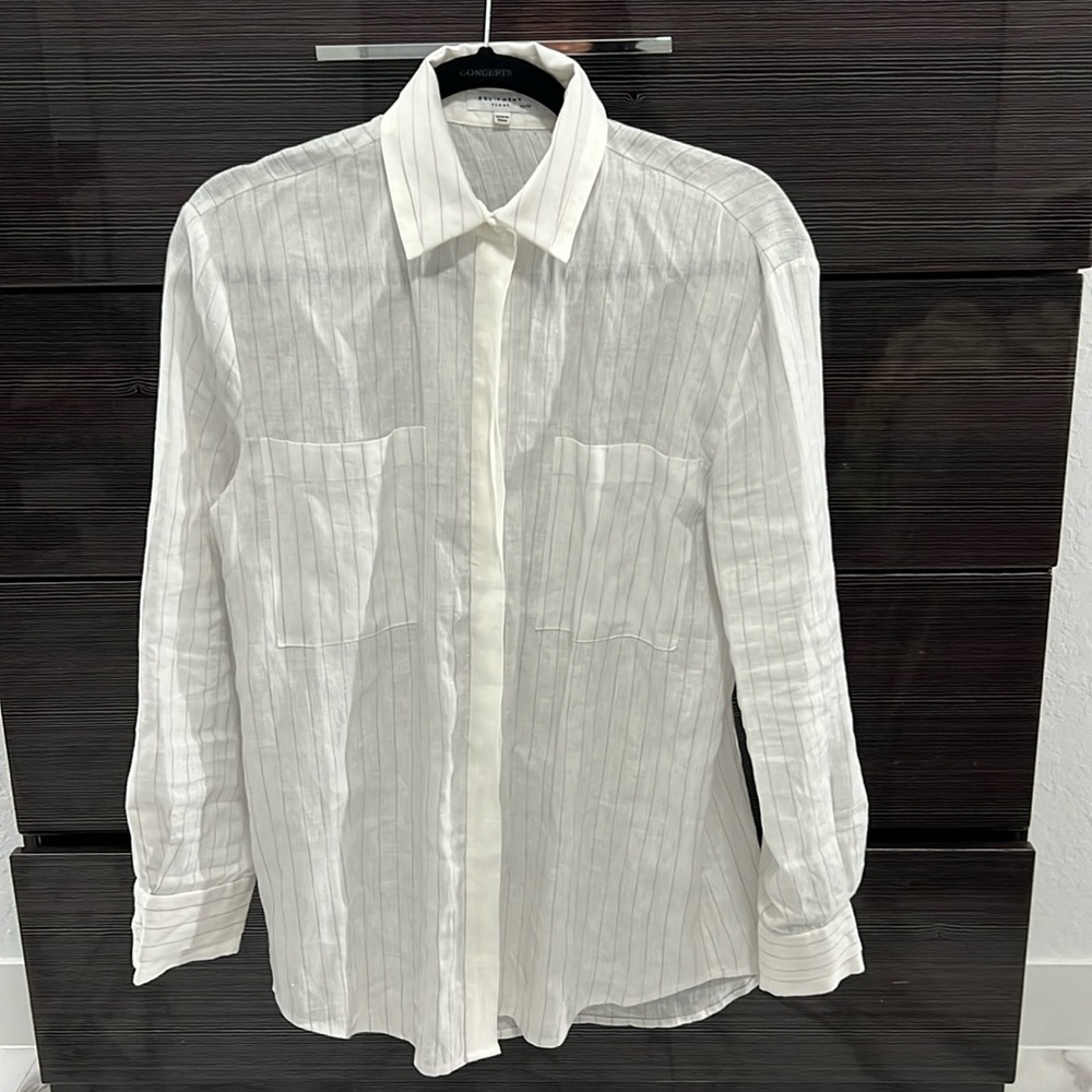 Equipment white and tan pinstriped shirt